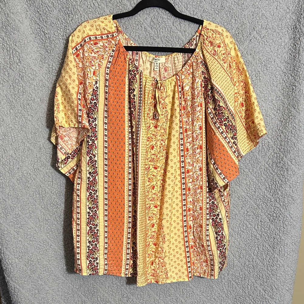 Boho Stripe Tie-Neck Peasant Top - Yellow & Orange